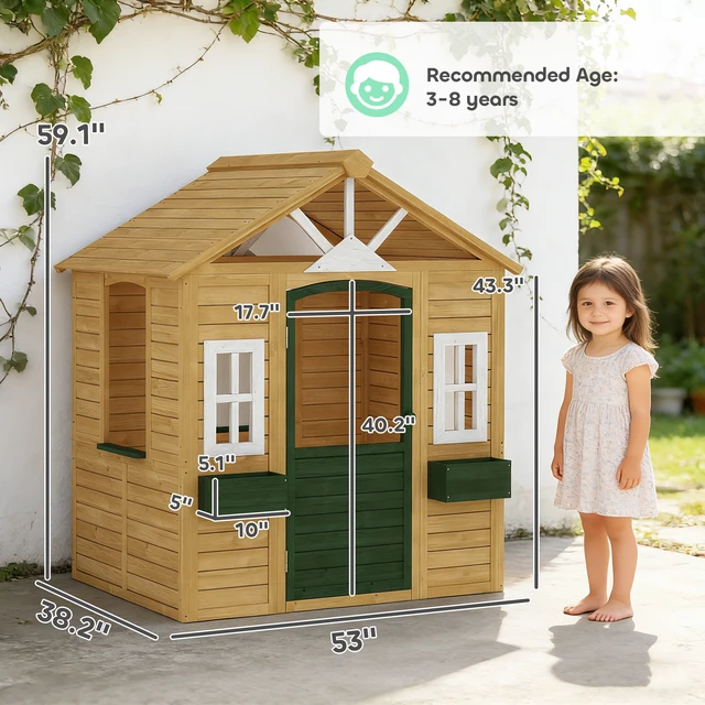 Alt view image 7 of 7 - Outdoor Playhouse, Wooden Kids Playhouse with Working Door Windows and Flower Boxes Kids Cottage for Garden Indoor