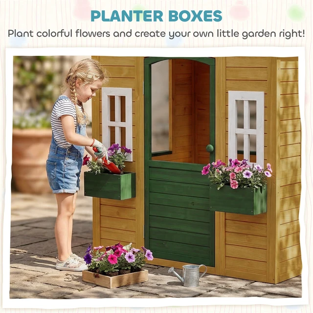 Alt view image 5 of 7 - Outdoor Playhouse, Wooden Kids Playhouse with Working Door Windows and Flower Boxes Kids Cottage for Garden Indoor
