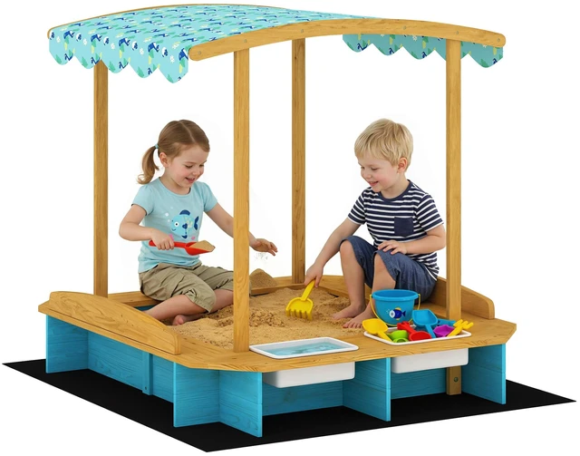Main image of Wooden Sandbox, Kids Sand Box Outdoor with Dinosaur Print Canopy Bench Seats Storage Bins and Bottom Liner Kids Play