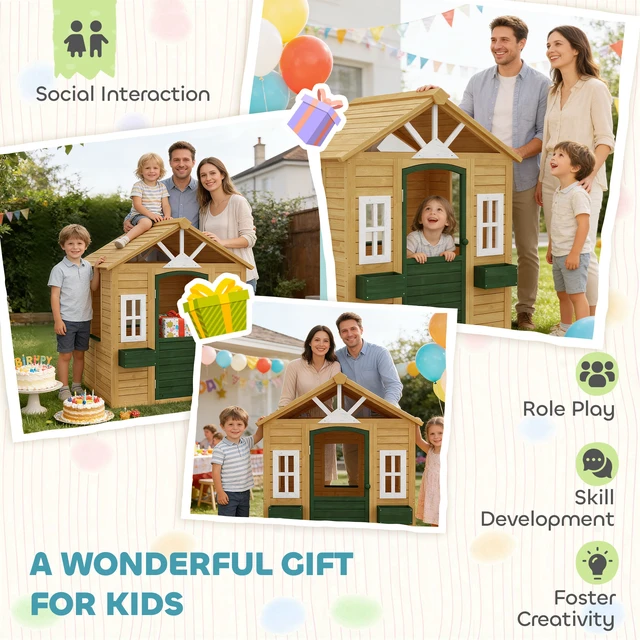 Alt view image 2 of 7 - Outdoor Playhouse, Wooden Kids Playhouse with Working Door Windows and Flower Boxes Kids Cottage for Garden Indoor