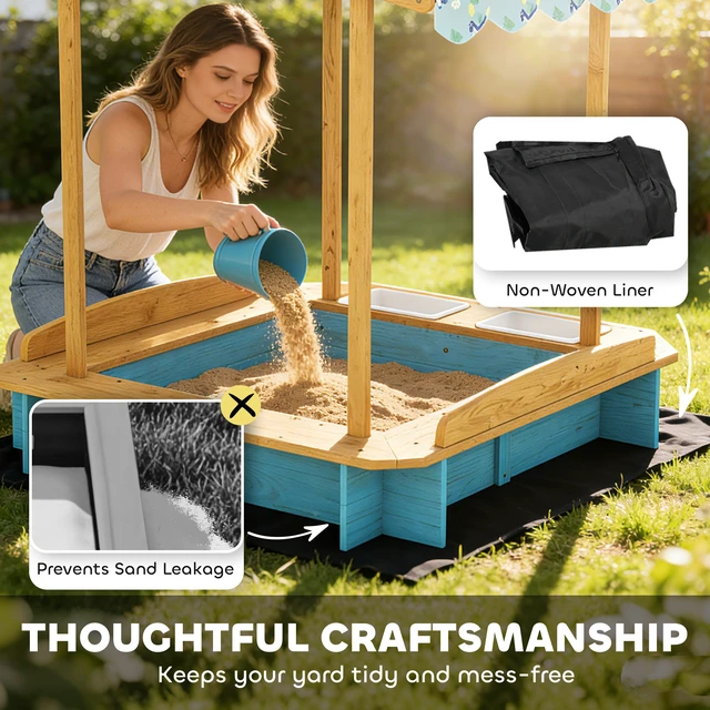 Alt view image 2 of 7 - Wooden Sandbox, Kids Sand Box Outdoor with Dinosaur Print Canopy Bench Seats Storage Bins and Bottom Liner Kids Play
