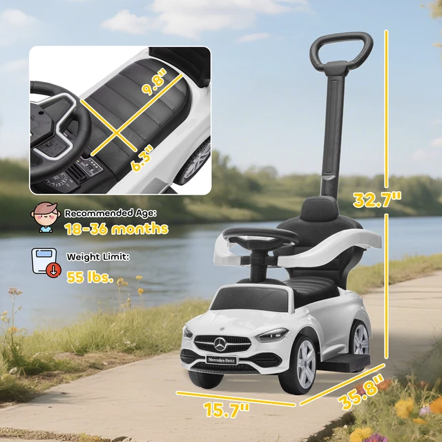 Alt view image 7 of 7 - Mercedes Benz Class Licensed Ride Push Car, Baby Stroller Walking Car with Parent Control Handle Safety Guardrail Horn