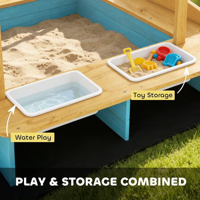 Alt view image 4 of 7 - Wooden Sandbox, Kids Sand Box Outdoor with Dinosaur Print Canopy Bench Seats Storage Bins and Bottom Liner Kids Play