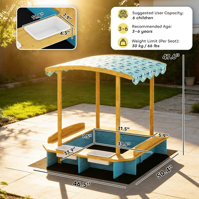 Alt view image 7 of 7 - Wooden Sandbox, Kids Sand Box Outdoor with Dinosaur Print Canopy Bench Seats Storage Bins and Bottom Liner Kids Play