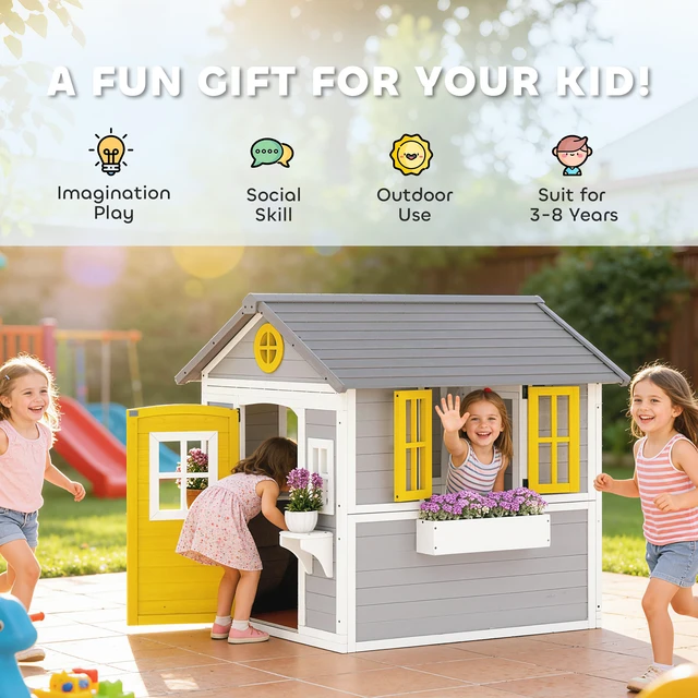 Alt view image 4 of 7 - Outdoor Kids Playhouse, Wooden Playhouse with Dutch Door Windows Flower Holders and Boxes for Toddlers 3 Years Cottage