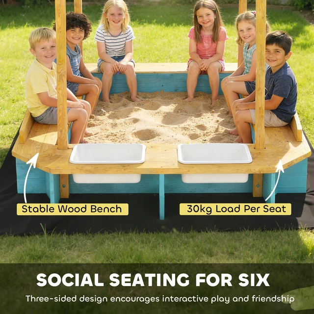 Alt view image 5 of 7 - Wooden Sandbox, Kids Sand Box Outdoor with Dinosaur Print Canopy Bench Seats Storage Bins and Bottom Liner Kids Play