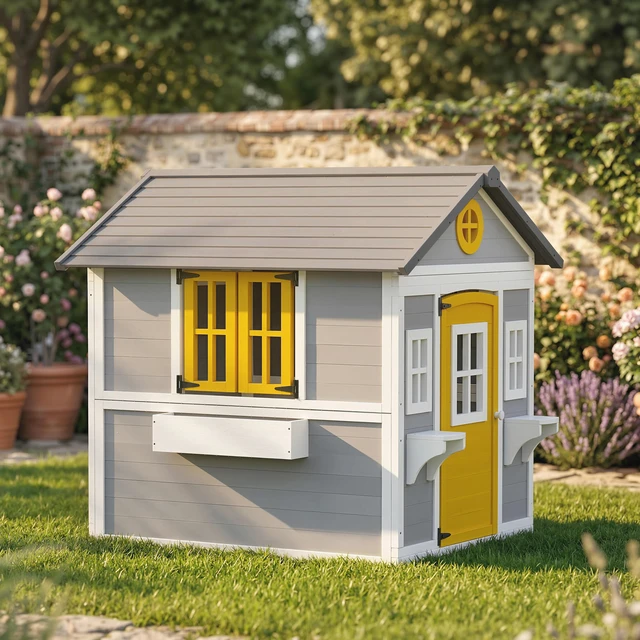 Alt view image 2 of 7 - Outdoor Kids Playhouse, Wooden Playhouse with Dutch Door Windows Flower Holders and Boxes for Toddlers 3 Years Cottage