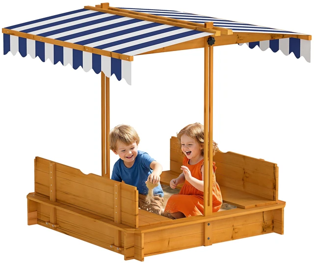 Main image of Wooden Sandbox with Lid, Kids Sandbox with Canopy Outdoor Sand Box with Foldable Bench Seats and Sand Protection Bottom