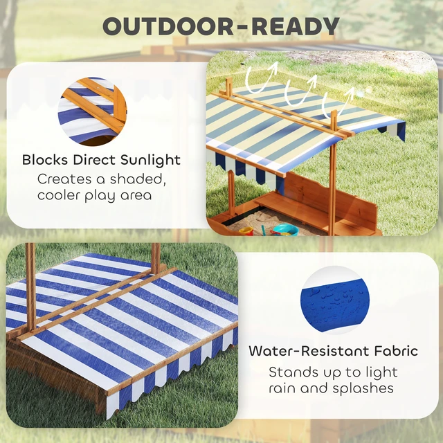 Alt view image 5 of 7 - Wooden Sandbox with Lid, Kids Sandbox with Canopy Outdoor Sand Box with Foldable Bench Seats and Sand Protection Bottom
