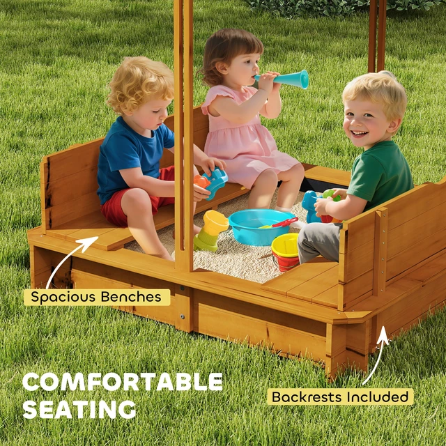 Alt view image 2 of 7 - Wooden Sandbox with Lid, Kids Sandbox with Canopy Outdoor Sand Box with Foldable Bench Seats and Sand Protection Bottom