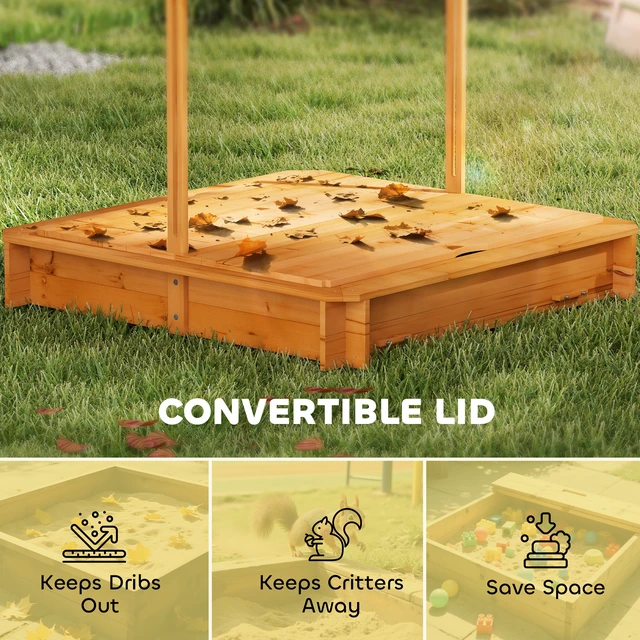 Alt view image 4 of 7 - Wooden Sandbox with Lid, Kids Sandbox with Canopy Outdoor Sand Box with Foldable Bench Seats and Sand Protection Bottom