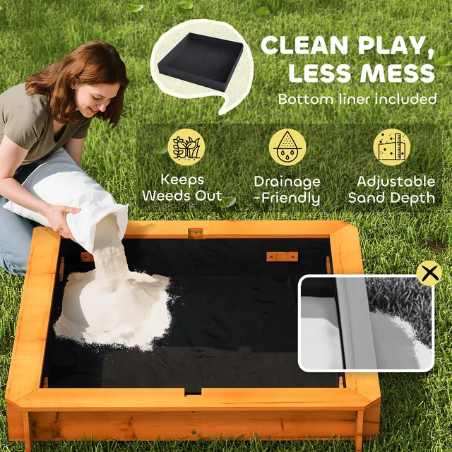 Alt view image 3 of 7 - Wooden Sandbox with Lid, Kids Sandbox with Canopy Outdoor Sand Box with Foldable Bench Seats and Sand Protection Bottom