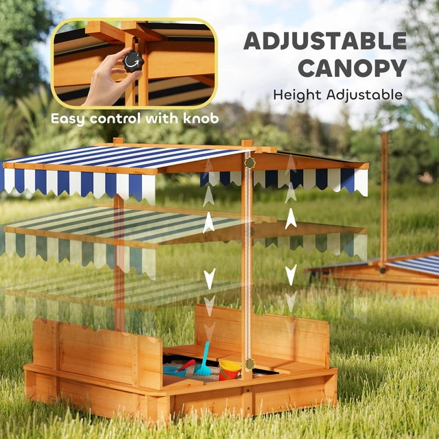 Alt view image 6 of 7 - Wooden Sandbox with Lid, Kids Sandbox with Canopy Outdoor Sand Box with Foldable Bench Seats and Sand Protection Bottom