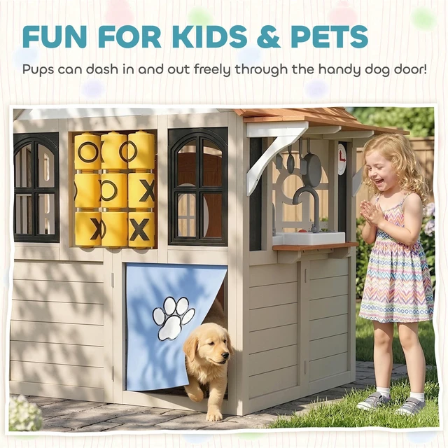 Alt view image 3 of 7 - Outdoor Playhouse, Wooden Kids Playhouse with Dog Door Kids Cottage with Cookware Blackboard Clock Tic Tac-Toe Roller