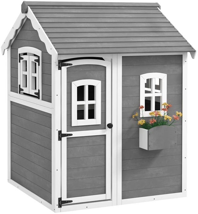 Main image of Playhouse for Kids, Outdoor Wooden Playhouse with Floor Door Windows and Planter Box for 3 Year Olds Lawn Garden, Gray