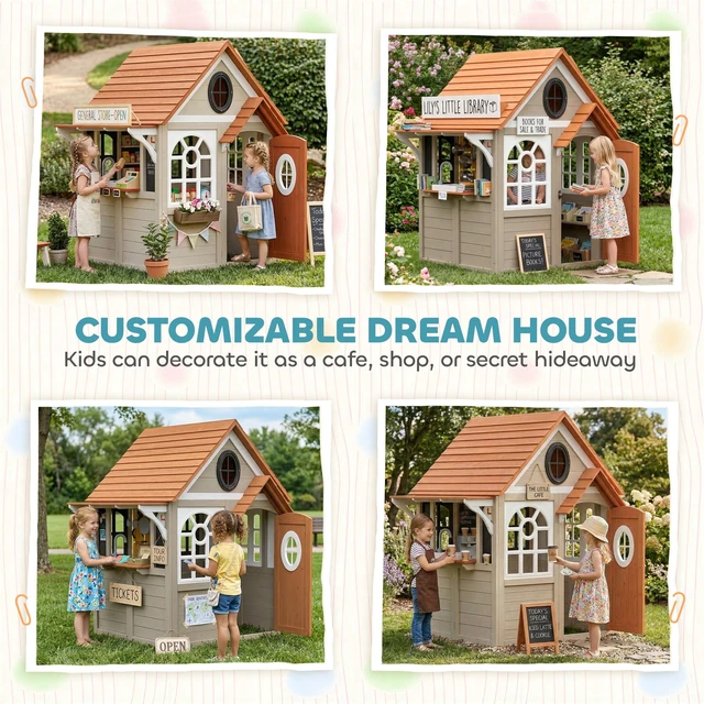 Alt view image 4 of 7 - Outdoor Playhouse, Wooden Kids Playhouse with Dog Door Kids Cottage with Cookware Blackboard Clock Tic Tac-Toe Roller