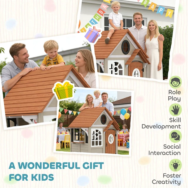 Alt view image 2 of 7 - Outdoor Playhouse, Wooden Kids Playhouse with Dog Door Kids Cottage with Cookware Blackboard Clock Tic Tac-Toe Roller