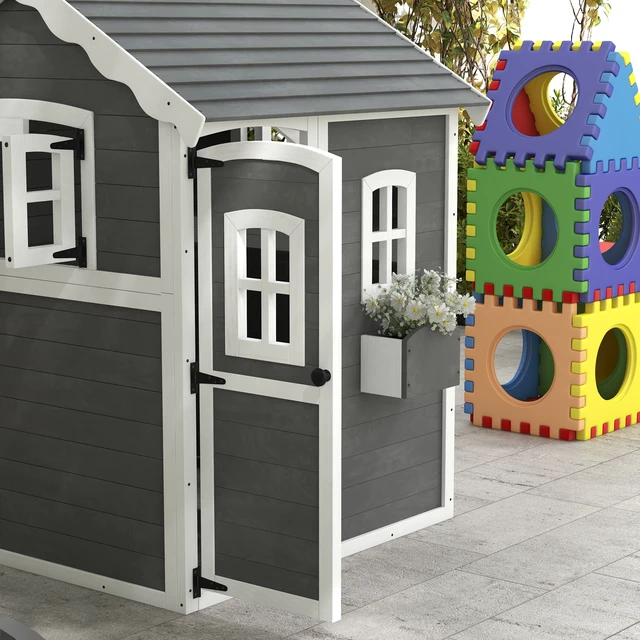 Alt view image 2 of 7 - Playhouse for Kids, Outdoor Wooden Playhouse with Floor Door Windows and Planter Box for 3 Year Olds Lawn Garden, Gray