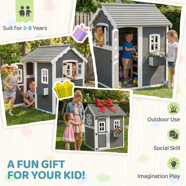 Alt view image 4 of 7 - Playhouse for Kids, Outdoor Wooden Playhouse with Floor Door Windows and Planter Box for 3 Year Olds Lawn Garden, Gray