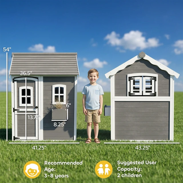 Alt view image 7 of 7 - Playhouse for Kids, Outdoor Wooden Playhouse with Floor Door Windows and Planter Box for 3 Year Olds Lawn Garden, Gray