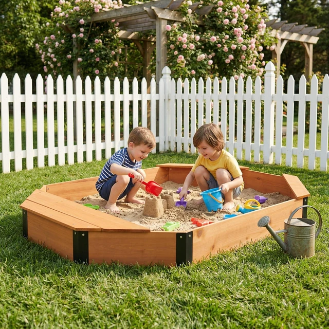 Main image of Octagon Sandbox with Storage for Kids, Solid Sandpit with Cover and Liner for Patio Outdoor Play, Reddish Brown, Solid