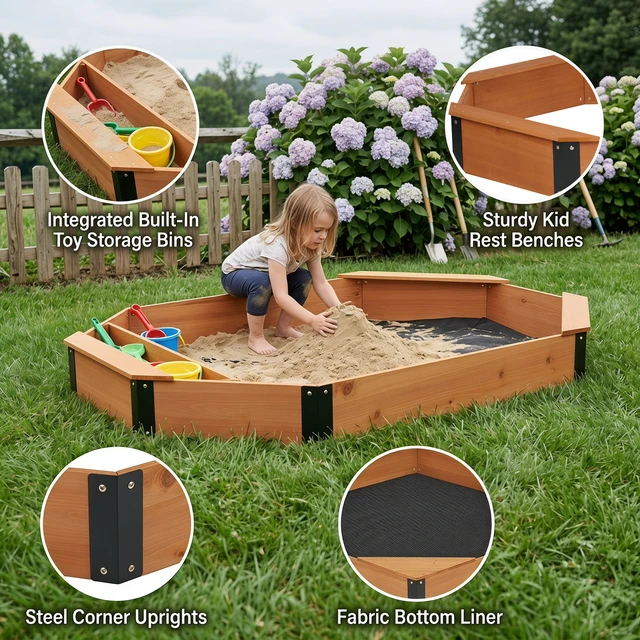 Alt view image 4 of 7 - Octagon Sandbox with Storage for Kids, Solid Sandpit with Cover and Liner for Patio Outdoor Play, Reddish Brown, Solid