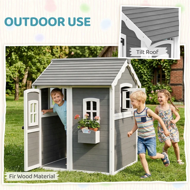 Alt view image 5 of 7 - Playhouse for Kids, Outdoor Wooden Playhouse with Floor Door Windows and Planter Box for 3 Year Olds Lawn Garden, Gray