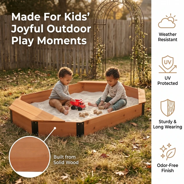 Alt view image 3 of 7 - Octagon Sandbox with Storage for Kids, Solid Sandpit with Cover and Liner for Patio Outdoor Play, Reddish Brown, Solid