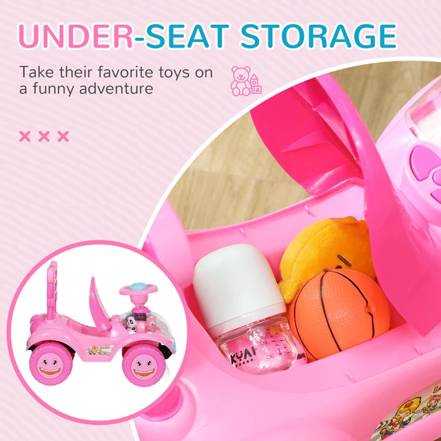 Alt view image 4 of 7 - Toddler Push Car, Foot Floor Ride Toy with Horn Music Steering Wheel Anti Over-Backwards Device and Under Seat Storage