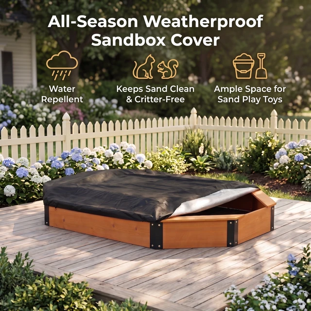 Alt view image 5 of 7 - Octagon Sandbox with Storage for Kids, Solid Sandpit with Cover and Liner for Patio Outdoor Play, Reddish Brown, Solid