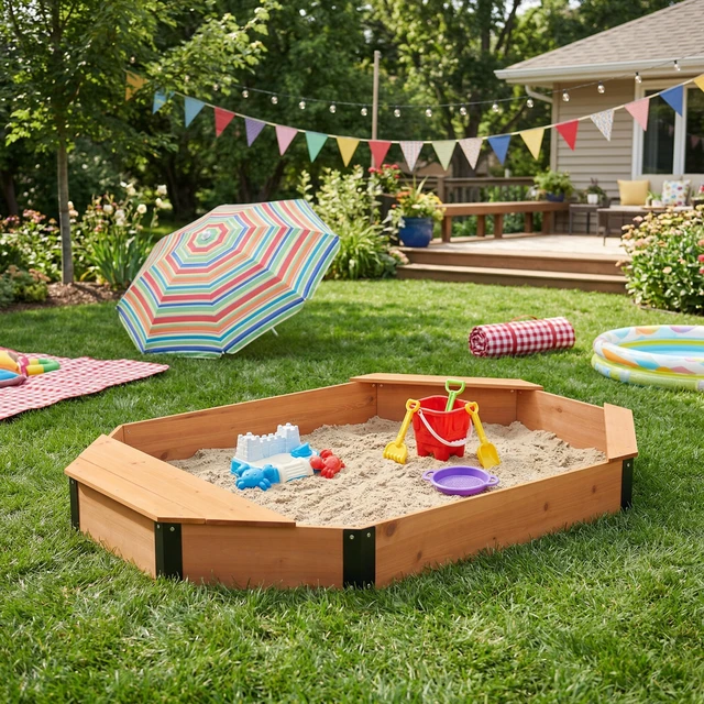 Alt view image 6 of 7 - Octagon Sandbox with Storage for Kids, Solid Sandpit with Cover and Liner for Patio Outdoor Play, Reddish Brown, Solid