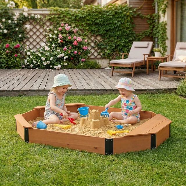 Alt view image 7 of 7 - Octagon Sandbox with Storage for Kids, Solid Sandpit with Cover and Liner for Patio Outdoor Play, Reddish Brown, Solid