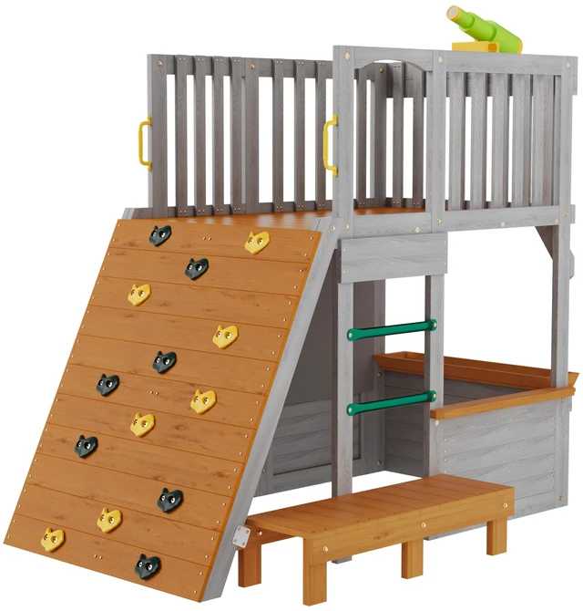 Alt view image 2 of 4 - Large Wooden Playhouse for Kids Realistic Design Lookout Post Telescope Climb Ramp for 5 Children Outdoor Play, Gray