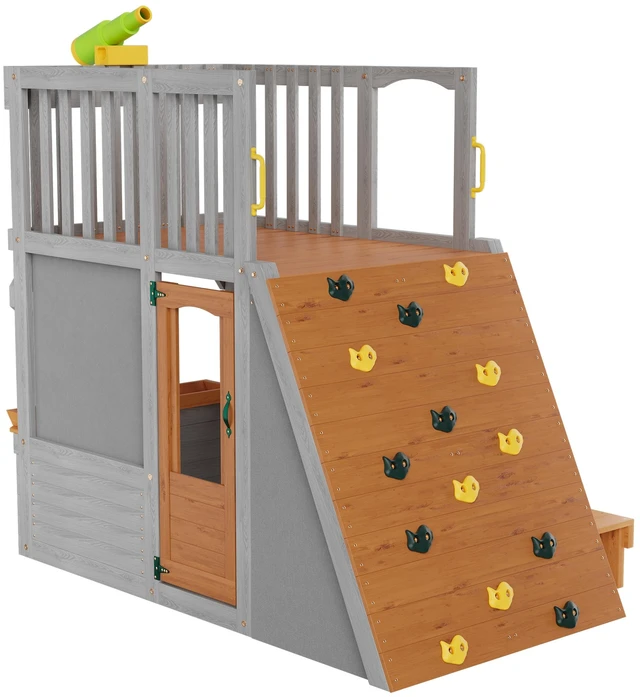 Alt view image 4 of 4 - Large Wooden Playhouse for Kids Realistic Design Lookout Post Telescope Climb Ramp for 5 Children Outdoor Play, Gray