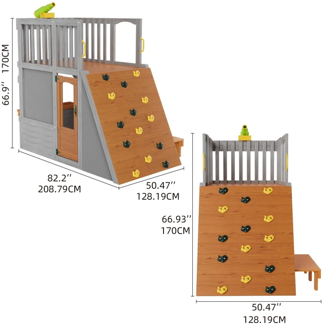 Alt view image 3 of 4 - Large Wooden Playhouse for Kids Realistic Design Lookout Post Telescope Climb Ramp for 5 Children Outdoor Play, Gray