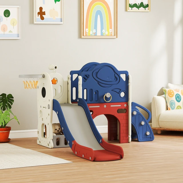 Alt view image 7 of 7 - 8 in Toddler Slide Set, Kids Climber Slider with Basketball Hoop and Ball Ring Toss Telescope Storage Outdoor Indoor