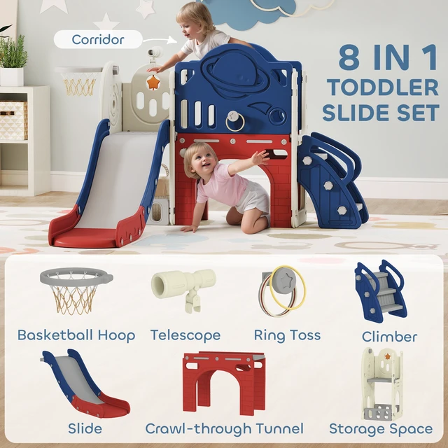 Alt view image 5 of 7 - 8 in Toddler Slide Set, Kids Climber Slider with Basketball Hoop and Ball Ring Toss Telescope Storage Outdoor Indoor