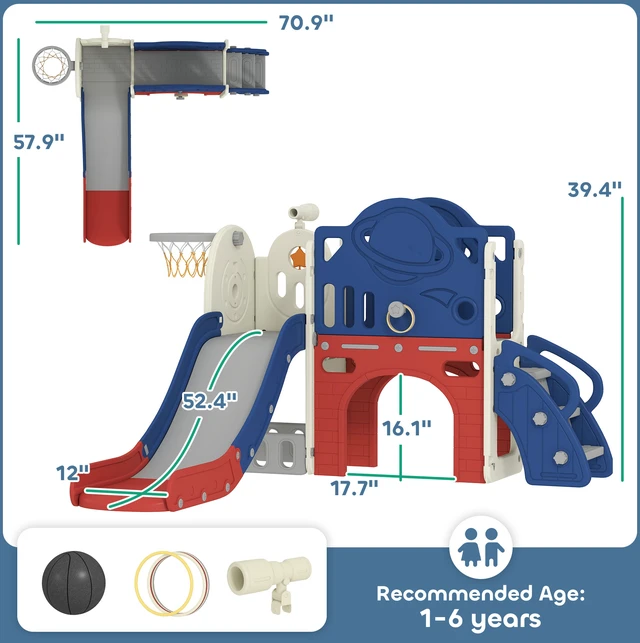 Alt view image 6 of 7 - 8 in Toddler Slide Set, Kids Climber Slider with Basketball Hoop and Ball Ring Toss Telescope Storage Outdoor Indoor