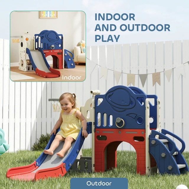 Alt view image 2 of 7 - 8 in Toddler Slide Set, Kids Climber Slider with Basketball Hoop and Ball Ring Toss Telescope Storage Outdoor Indoor