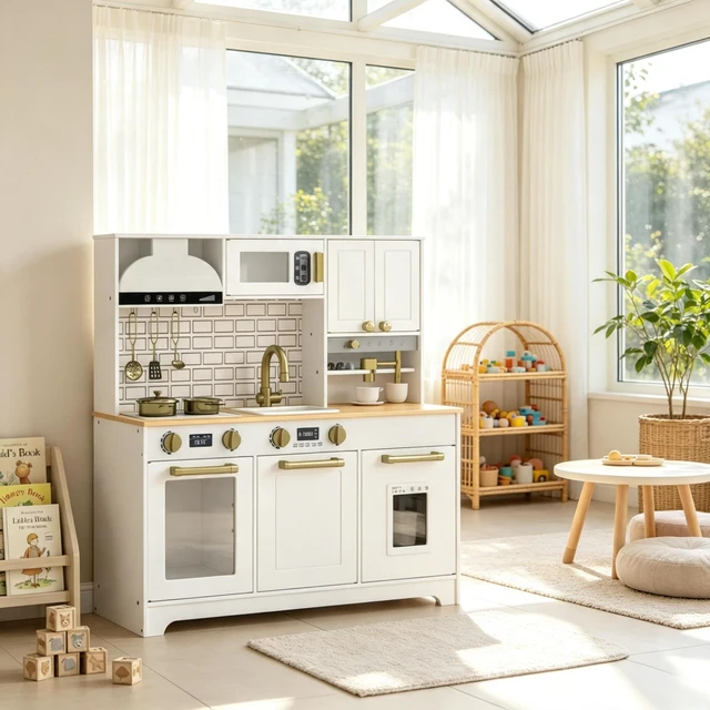 Main image of Toy Kitchen Center, All In-One Kids Cooking Playset Children Kitchen Playset, Black Gray Gold White, MDF, Metal and Wood