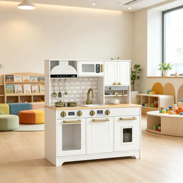 Alt view image 2 of 7 - Toy Kitchen Center, All In-One Kids Cooking Playset Children Kitchen Playset, Black Gray Gold White, MDF, Metal and Wood