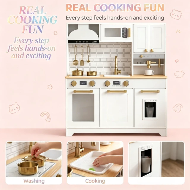 Alt view image 4 of 7 - Toy Kitchen Center, All In-One Kids Cooking Playset Children Kitchen Playset, Black Gray Gold White, MDF, Metal and Wood