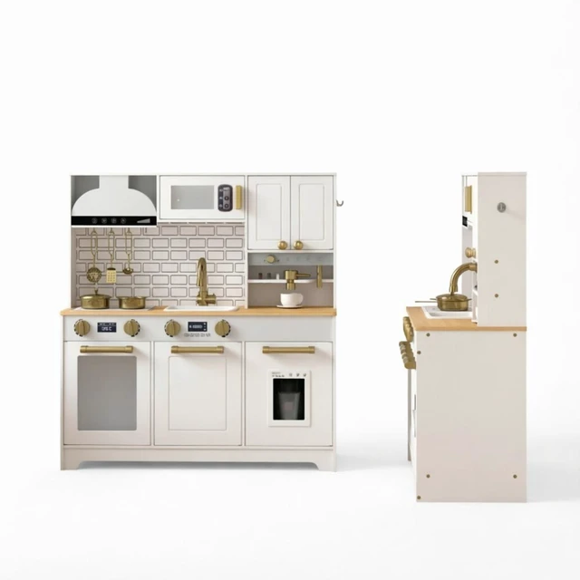 Alt view image 3 of 7 - Toy Kitchen Center, All In-One Kids Cooking Playset Children Kitchen Playset, Black Gray Gold White, MDF, Metal and Wood