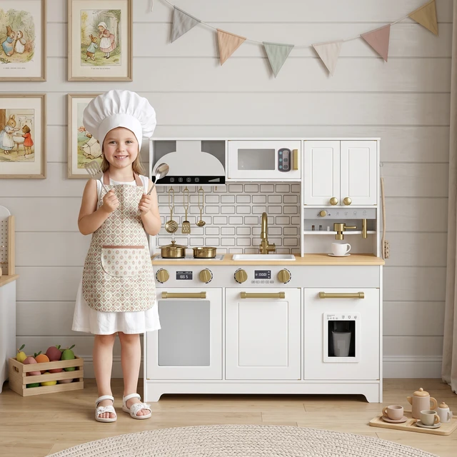 Alt view image 2 of 7 - Play Kitchen, Kids Kitchen Playset with Sink Stove Coffee Maker Ice Maker Microwave Oven Clicking Knobs Storage