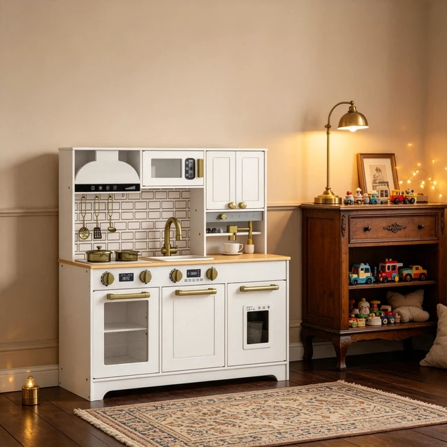 Alt view image 7 of 7 - Toy Kitchen Center, All In-One Kids Cooking Playset Children Kitchen Playset, Black Gray Gold White, MDF, Metal and Wood