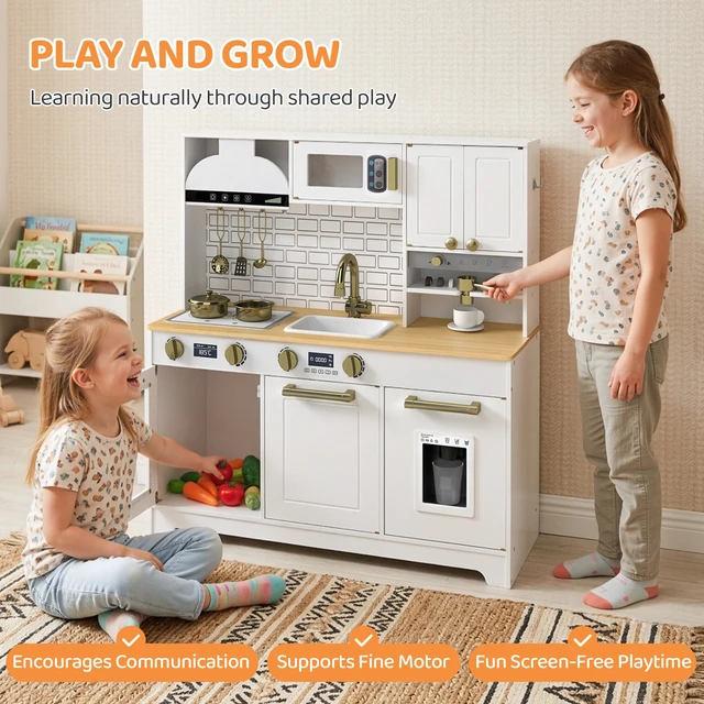 Alt view image 3 of 7 - Play Kitchen, Kids Kitchen Playset with Sink Stove Coffee Maker Ice Maker Microwave Oven Clicking Knobs Storage