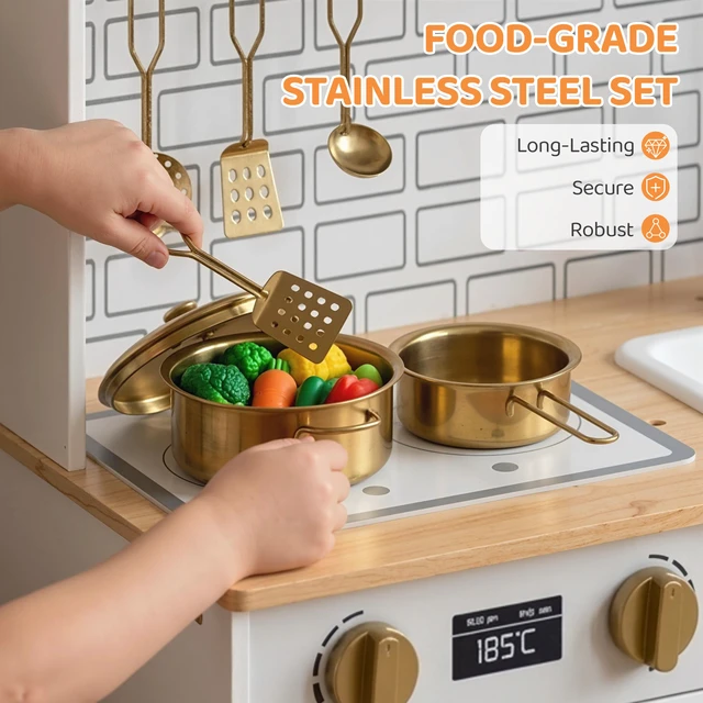 Alt view image 5 of 7 - Play Kitchen, Kids Kitchen Playset with Sink Stove Coffee Maker Ice Maker Microwave Oven Clicking Knobs Storage