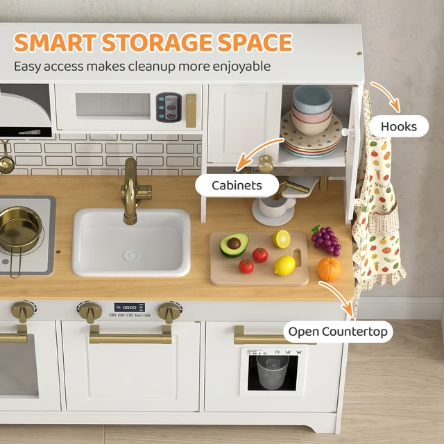 Alt view image 4 of 7 - Play Kitchen, Kids Kitchen Playset with Sink Stove Coffee Maker Ice Maker Microwave Oven Clicking Knobs Storage