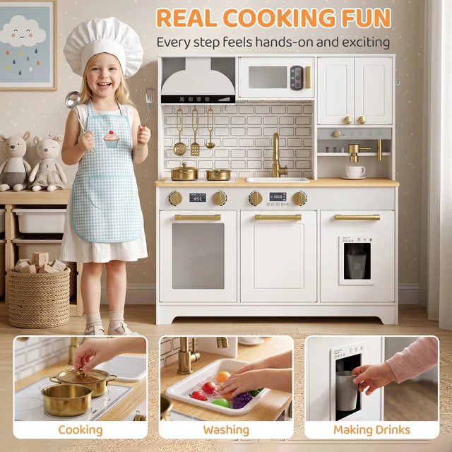 Alt view image 6 of 7 - Play Kitchen, Kids Kitchen Playset with Sink Stove Coffee Maker Ice Maker Microwave Oven Clicking Knobs Storage
