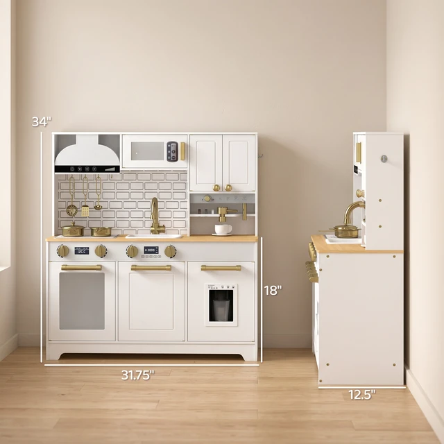 Alt view image 7 of 7 - Play Kitchen, Kids Kitchen Playset with Sink Stove Coffee Maker Ice Maker Microwave Oven Clicking Knobs Storage